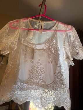 Anthropologie White Lace Overlay Short-Sleeve Blouse